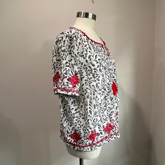 J Jill White Red Embroidered Cotton Tassel Top Boho Size M Petite - Picture 4 of 9